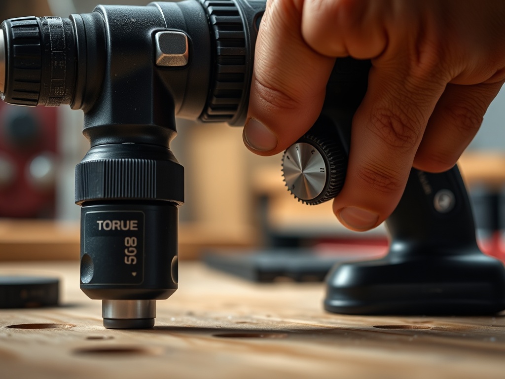 작업대 위에 놓인 전동 드릴의 토크 조절 다이얼을 맞추고 있는 장면