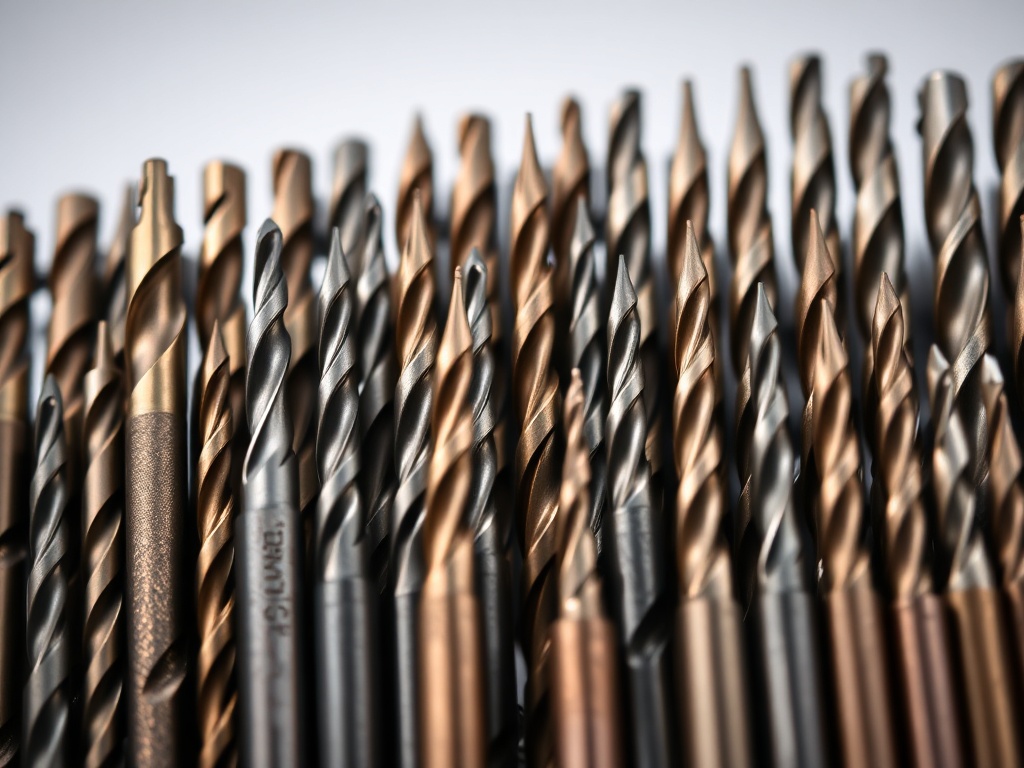 다양한 규격의 전동 드릴 비트 세트가 정렬되어 있는 모습