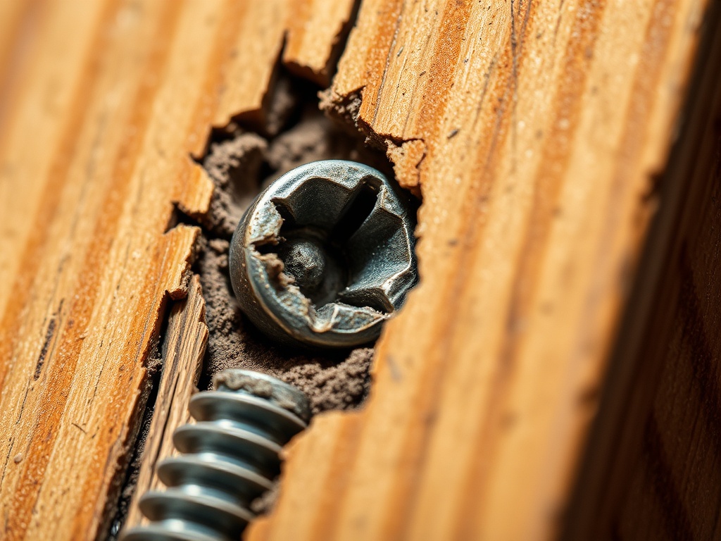 과도한 토크 설정으로 인해 십자 홈이 마모된 나사못과 손상된 목재 표면의 모습